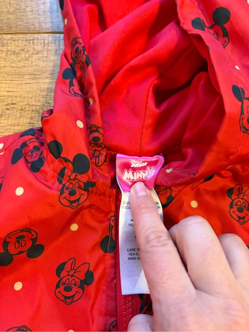 Disney Junior Minnie Mouse Rain Jacket Girls Sz 2T Red Hooded Zip Ears Gold Bow